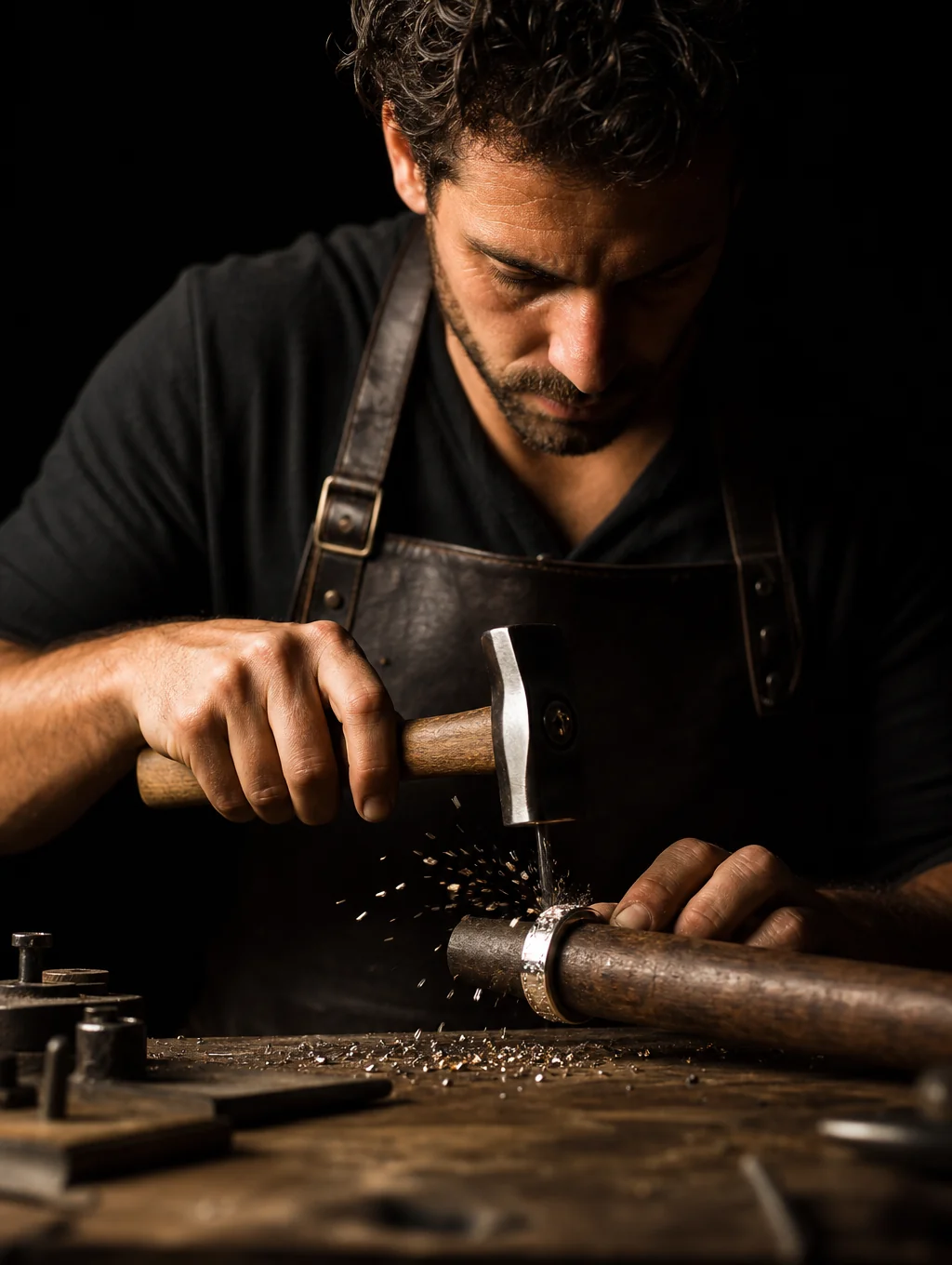 Silversmith shaping sterling silver at the studio workbench